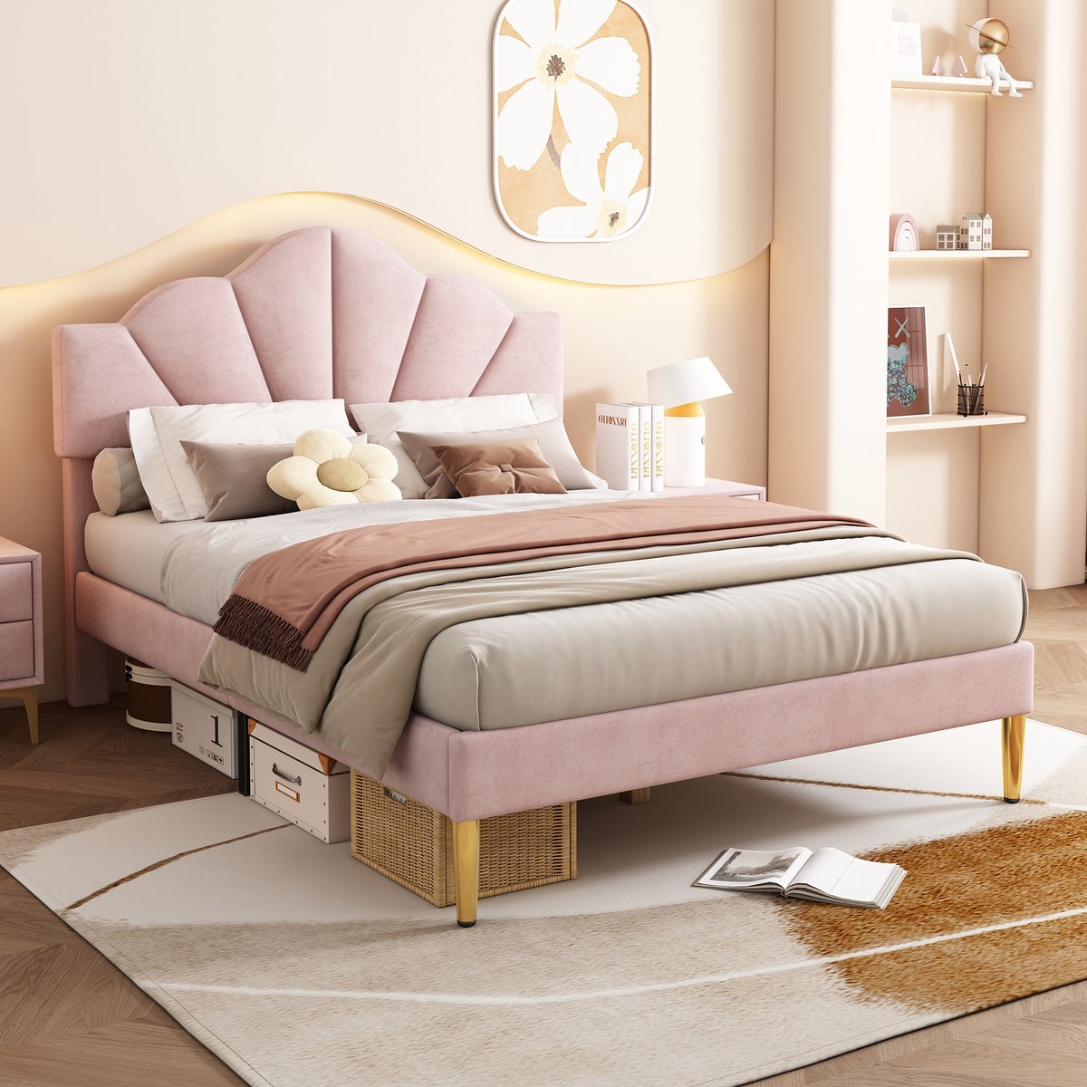 REDOM ledikant 140x190 cm – Velours roze – Schelpvormig verstelbaar hoofdbord – Gouden metalen poten