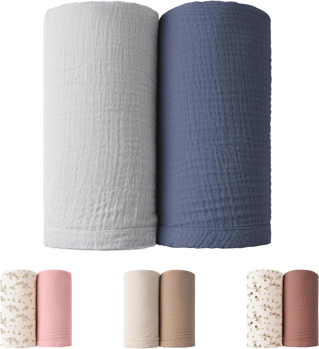 Winmany 2 stuks Baby mousseline inbakeren dekens pasgeboren jongen meisje kinderkamer ontvangen deken inbakeren wrap baby benodigdheden voor het hele jaar 100 x 100 cm/40 x 40 inch (blauw + grijs)