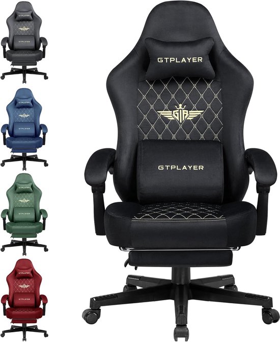 Chaise Gaming GTPLAYER Tissu - 150 kg avec Coussin à Ressorts et Repose-pieds - Zwart