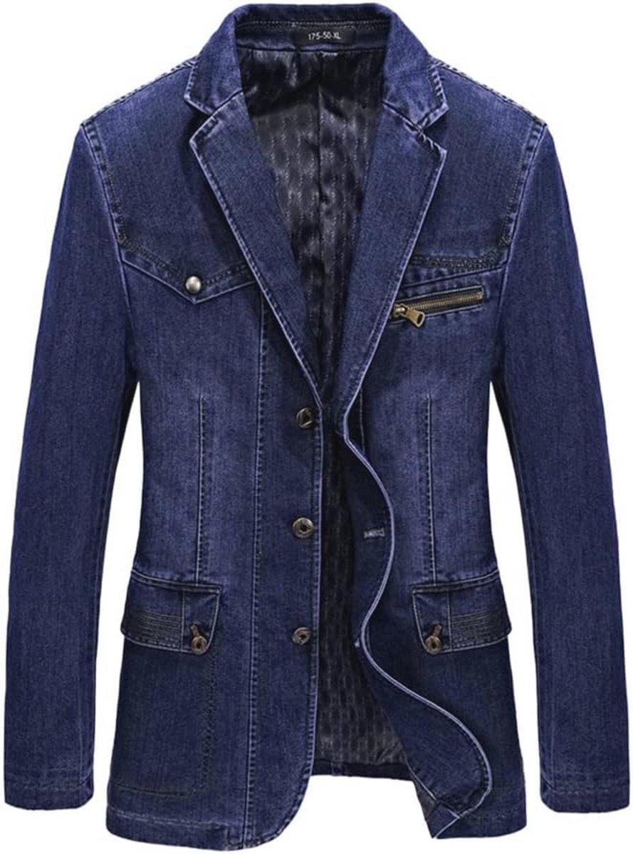 Slim Fit Heren Denim Blazer Casual Lange Mouw Katoen Jas