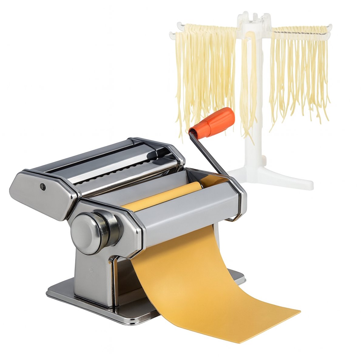 AUM® Pastamachine Set – Inclusief Opvouwbaar Pasta droogrek - Pastamaker - RVS - Ravioli maken - Voor Spaghetti, Tagliatelle, Fettuccine & Lasagne en Meer - Housewarming cadeau