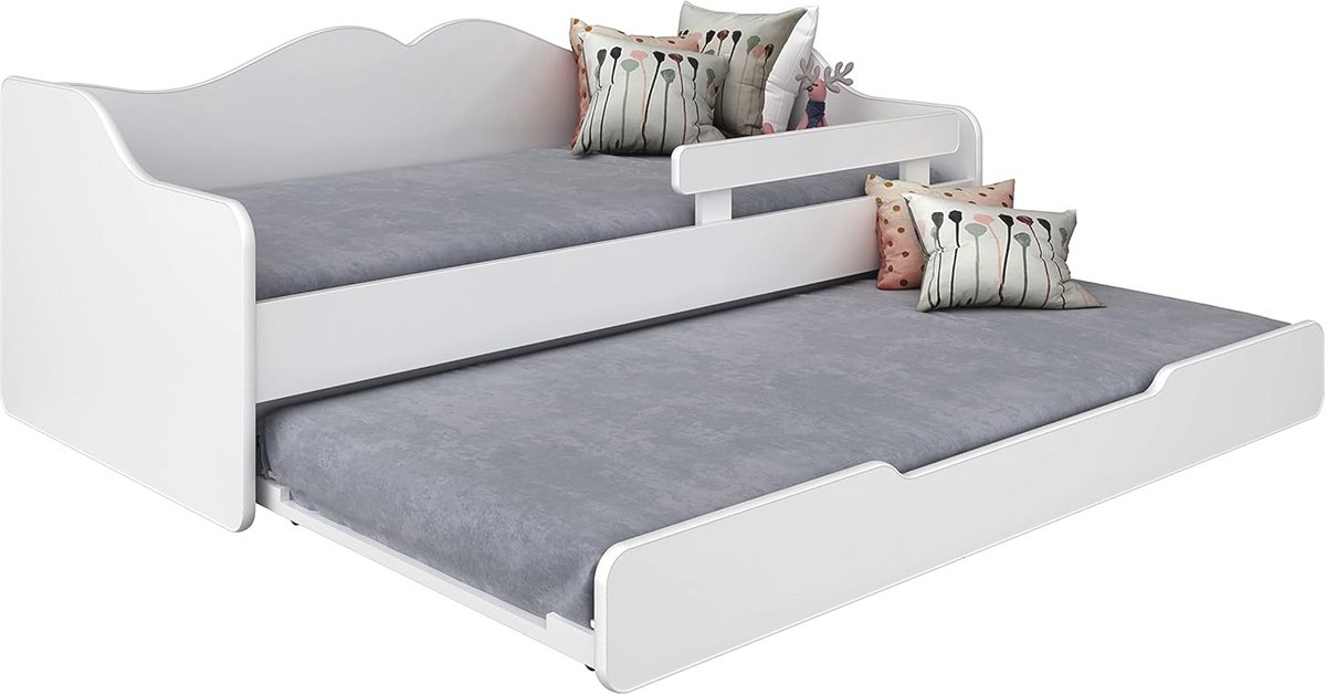 Jeugdbed 180x80cm - Tweepersoonsbed met Lattenbodem, Matrassen, Lade en Valbeveiliging - Uittrekbaar Slaapbank en Logeerbed - Witte Kinderkamer Meubel