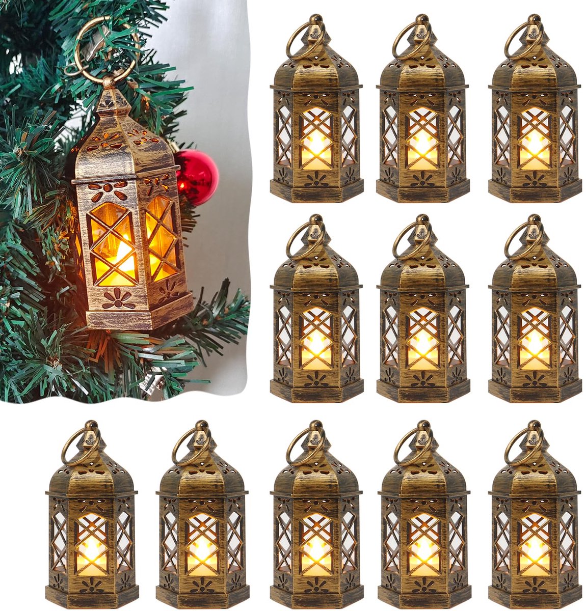 12 stuks - Mini-lantaarns - Witte bruiloftsdecoraties, Kerstmis, Halloween-feestjes - Sfeerverlichting voor op tafel - Vintage decoraties - koper