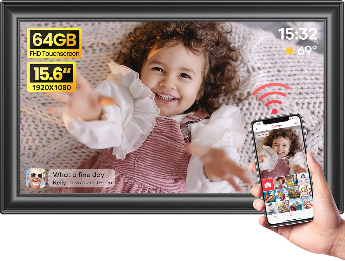 64 GB 15,6 inch digitale fotolijst met Wifi - grote elektronische fotolijst met 1920 x 1080 IPS FHD-touchscreen, stuur overal foto's vanuit je telefoon