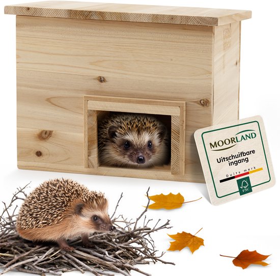 Moorland Houten Egelhuis met Inlooptunnel 20x20 cm – Compact FSC Houten Egelhuisje voor Buiten met Bodem & Uitschuifbare Ingang – Weerbestendig Egel Voederhuis voor Tuin Kant-en-Klaar – IH6