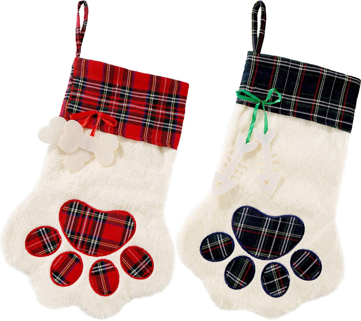 2stuks - Kerstversieringen - Kerstsokken - Kerstboomversieringen - Hondenpootafdrukken en ruitjespatroon - Kerstsokken voor bij de open haard - Geschikt voor Kerstmis - Cadeauzakjes met huisdierenthema - 45 cm - Rood en groen kleurenschema