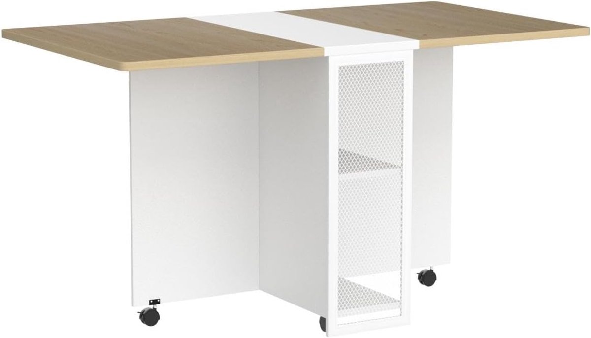 Opklapbare Eettafel 127x80x75cm Met Wieltjes En Opbergruimte Hout wit Voor 4-6 Personen