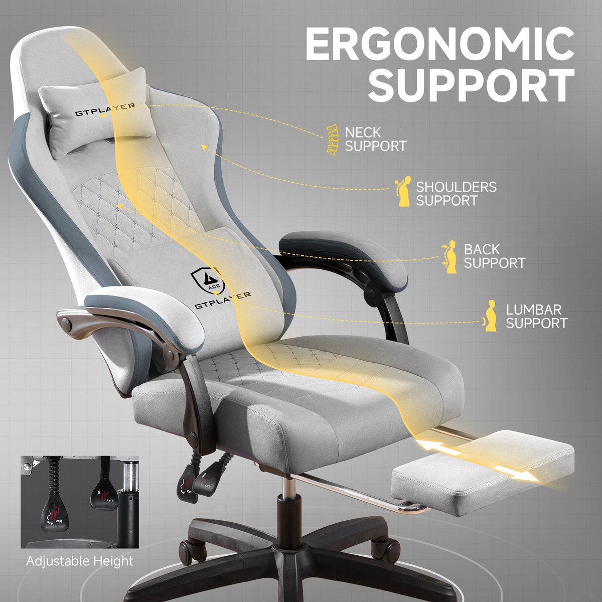 GTPLAYER Ergonomische Gamingstoel met Voetensteun - Grijs - afbeelding 3