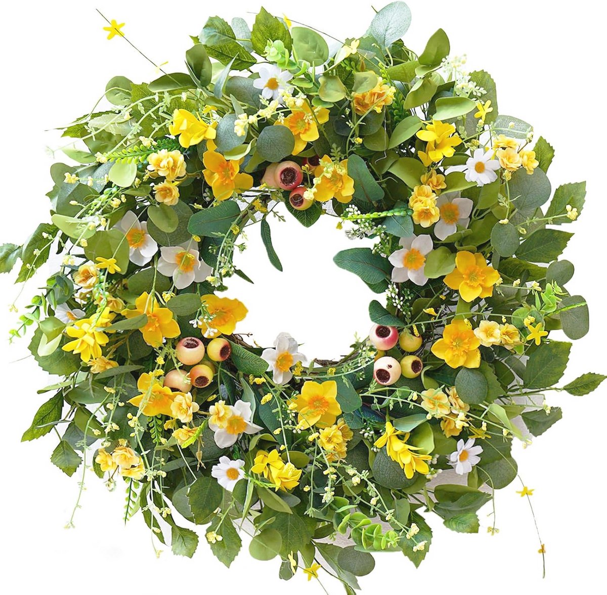 Kunstmatige Lente en Zomerkrans voor Voordeur - 60 cm Bloemenkrans met Groene Bladeren en