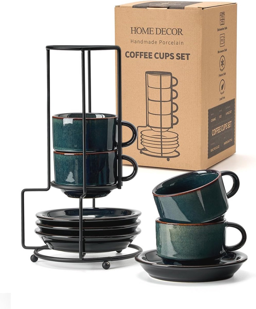 Elegante Set van 4 Espressokopjes met Schotels en Standaard - Donkergroen Keramiek