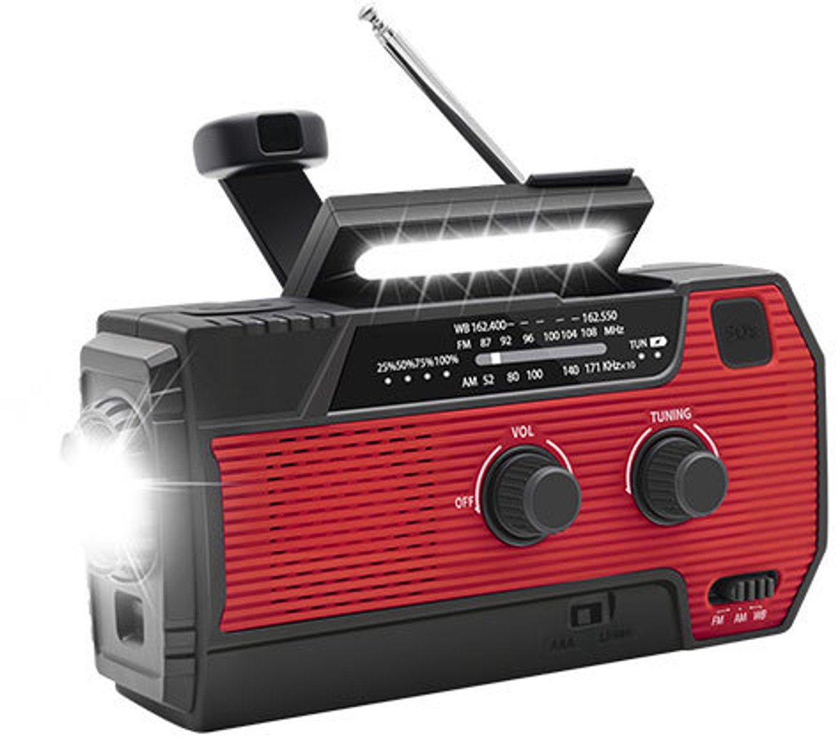 Multifunctionele radio - noodradio - Opwindbare radio - Draagbare radio - SOS-functies - 4000mah - ABS - Rood