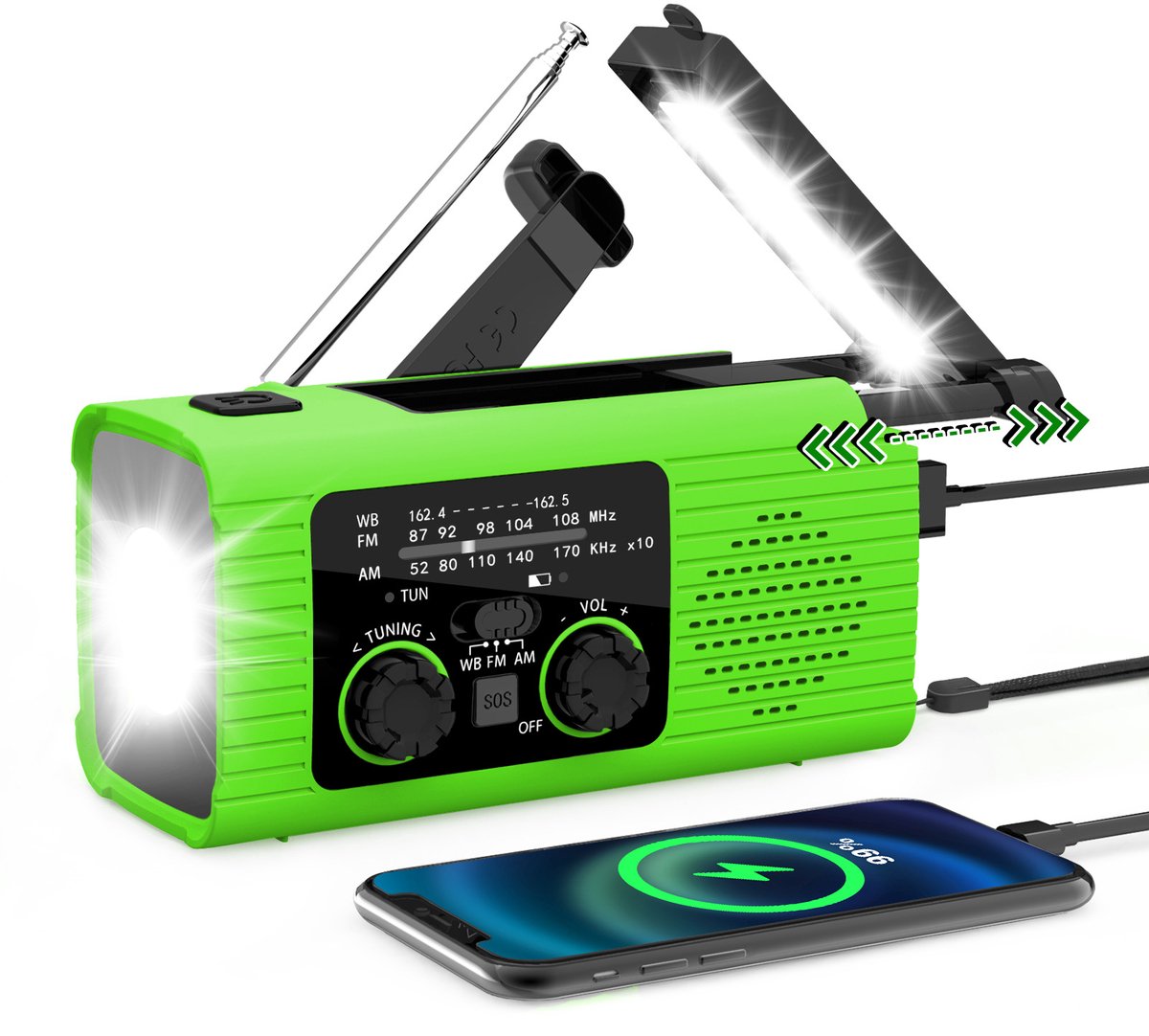 Draagbare radio - Noodradio - Noodradio solar opwindbaar - Opwindbare radio - Multifunctionele noodradio - 2000 mAh - Zaklamp - Groen - ABS