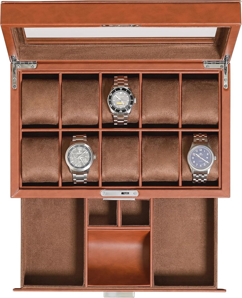 Horlogedoos met 10 sleuven en valet lade - luxe horlogekast display organizer