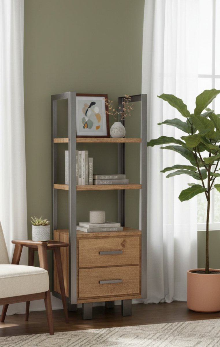 Boekenkast Industrieel Factory 120x40x180 cm – Mangohout met Grijs Metaal – Open Vakken en 2 Lades – Stoere Vintage Design Kast – Altameubel
