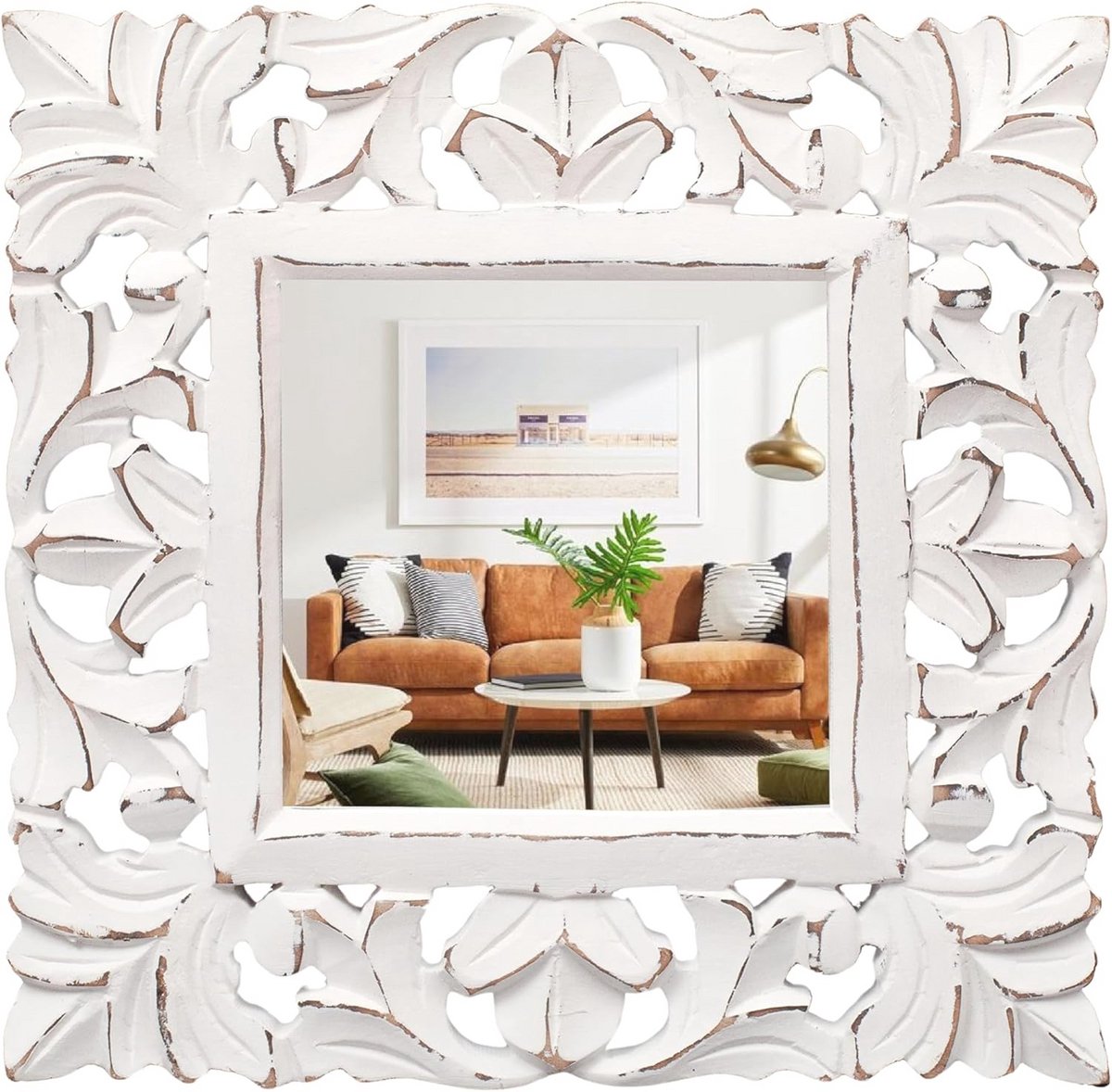 Decoratieve 10 inch witte vierkante wandspiegel met houten lijst – Perfect voor woonkamer, slaapkamer en badkamer