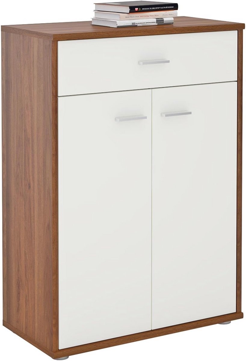 Commode in Walnoot/Wit - Dressoir met Lade en 2 Deuren