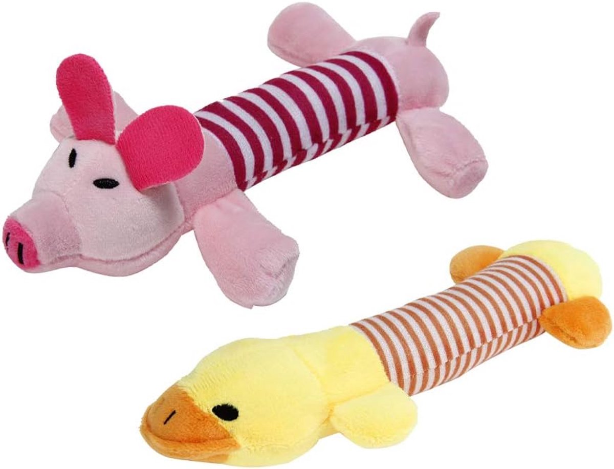 Gigicial Pluchen hondenspeelgoed - Tandkauwspeeltjes - Zacht en duurzaam, een combinatie van entertainment en tandverzorging - 2-pack - Geschikt voor alle hondenrassen, geel en roze