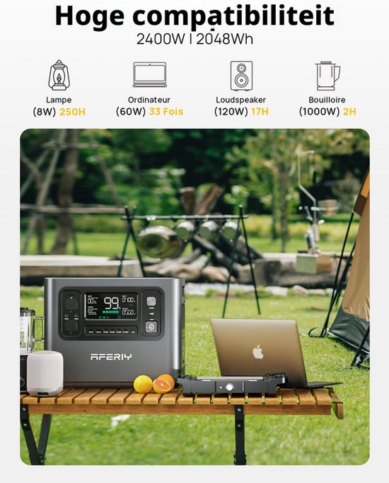 AFERIY P210 generator met campinguitrusting, met lamp (8W) 250H, laptop (60W) 33x, luidspreker (120W) 17H, waterkoker (1000W) 2H.