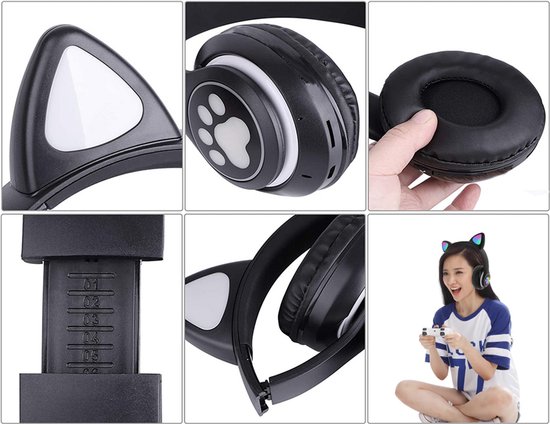 Draadloze Bluetooth Koptelefoon met FM, MP3 & LED Kattenoren–bluetooth koptelefoon–bluetooth headset– Draadloze Koptelefoon voor Kinderen–Led Verlichting –Katten Oortjes–zwart–55640