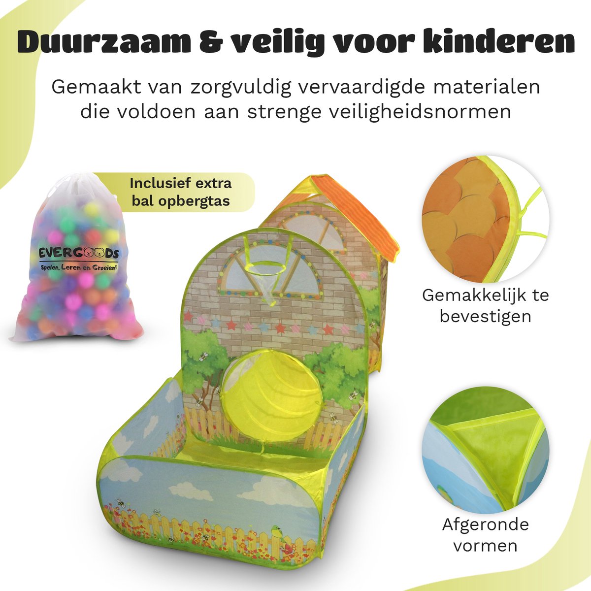 EverGoods Speeltent XL Kinderen – Speelhuis met 200 Ballen & Kruiptunnel – Pop-up – Binnen & Buiten – Opvouwbaar – Ballenbad – Incl. Draagtas & Ballenzak — afbeelding 3