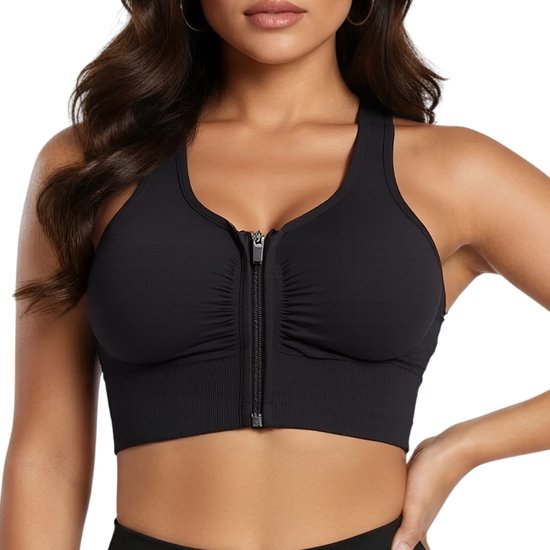 Sport BH Met Rits - BH met Voorsluiting - Push Up BH zonder beugel - Maat L - Zwart - Extra comfortabele Sport BH - Sport bh dames - Shock absorber - Sport top - Magic bra - Comfort BH