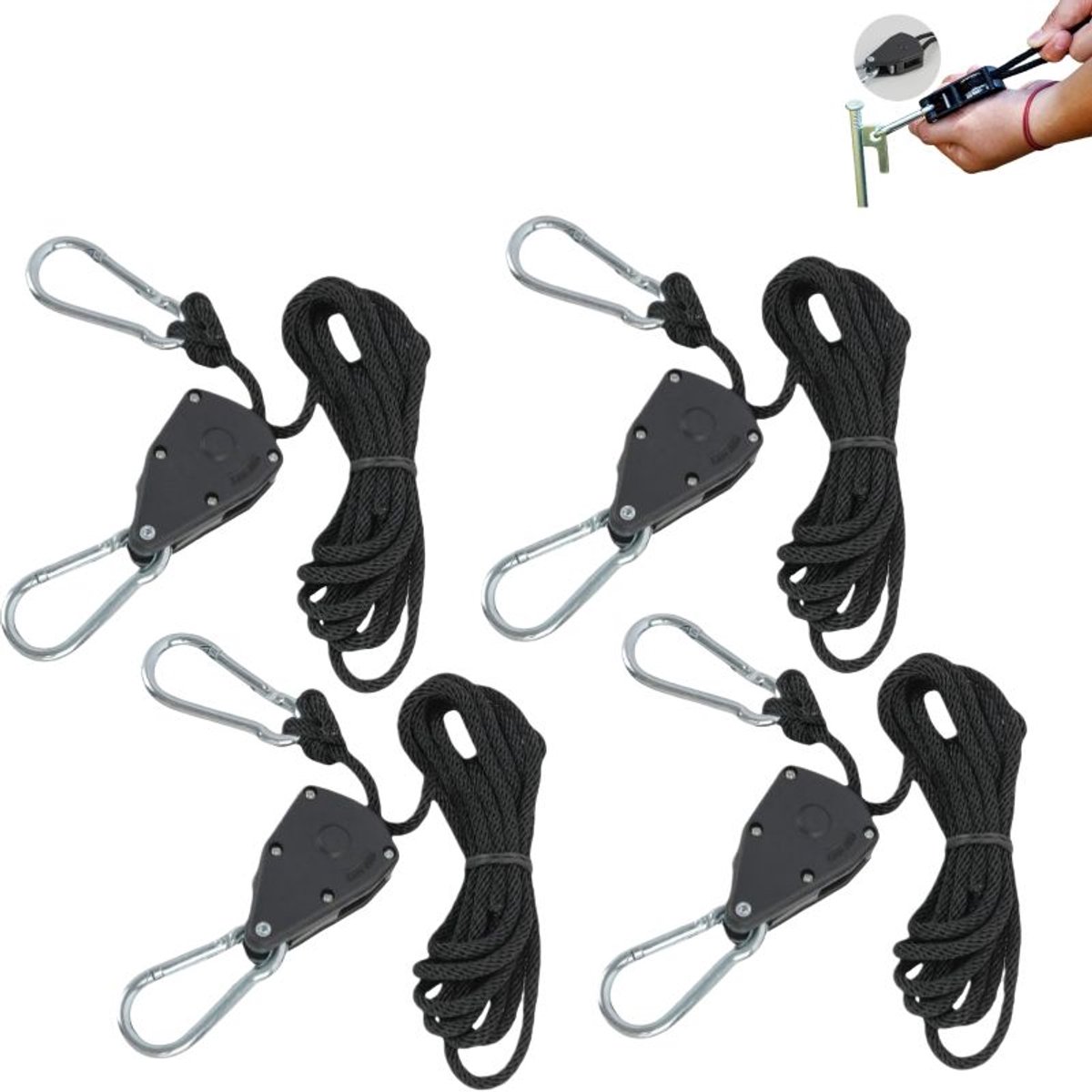 4 stuks - Verstelbare Tent Touwspanners - Touwratelset met Haken -Touwspanners voor Kamerplanten - voor Kamerplanten, Kweeklampen - Zwart - 2m
