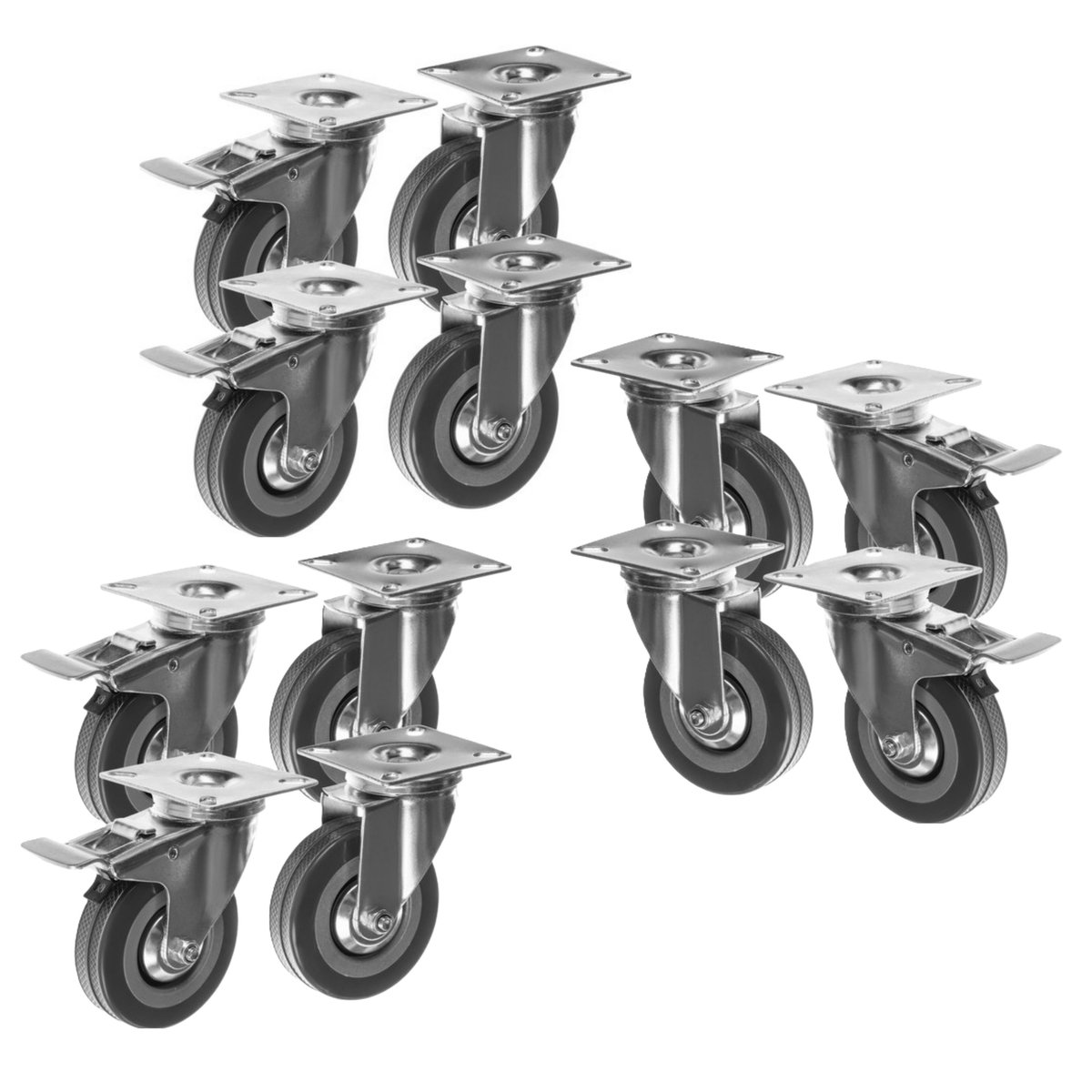 Malatec Zwenkwielen - 12x stuks - zilver/grijs - ijzer - PVC - zwenkwielen met rem - bureaustoel