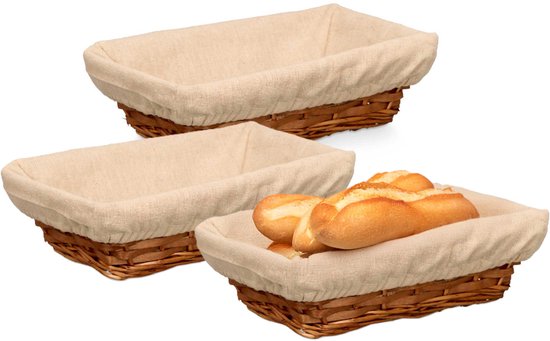 Kipit Panier à pain avec tissu - 3x - rotin/canvas - brun - 28 x 18 x 8 cm - style campagnard - Servir des petits pains