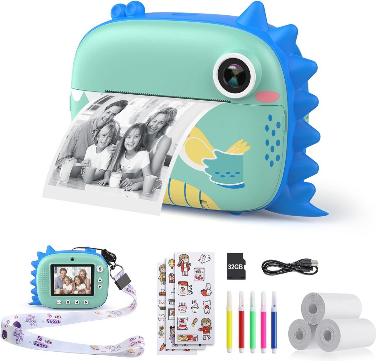 Digitale Instant Camera voor Kinderen met Printpapier en 32 GB Geheugenkaart