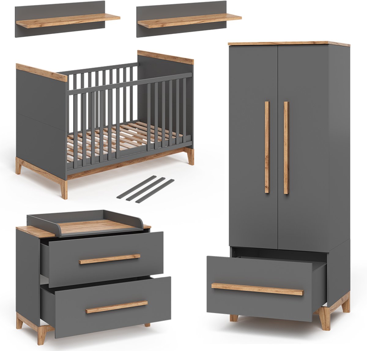 Vitalispa Malia Kinderkamer set – Set van 4 Grijs/eiken