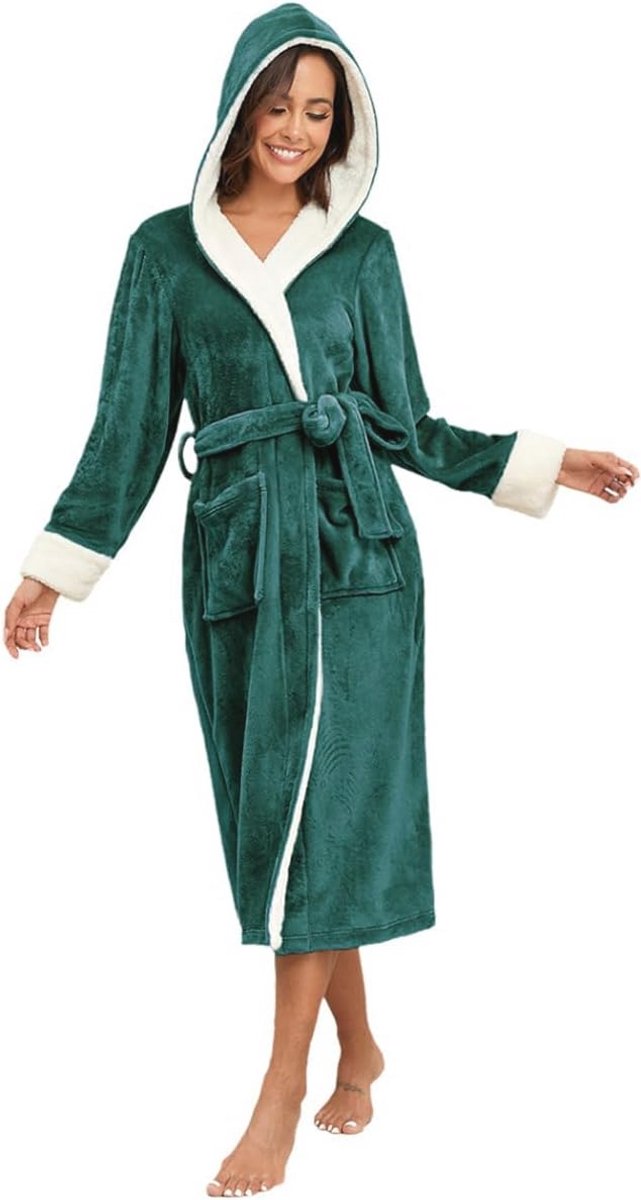 Dames Pluche Fleece Badjas met Capuchon en Twee Zakken