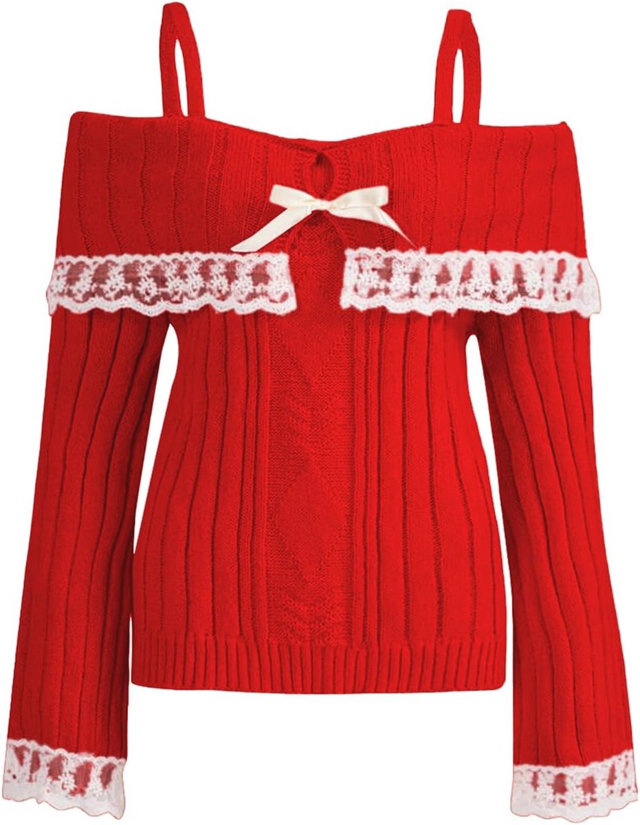 Off-shoulder Kanten Rand Trui Dames - Lange Mouwen, Kabelgebreid, Y2K Kawaii Streetwear