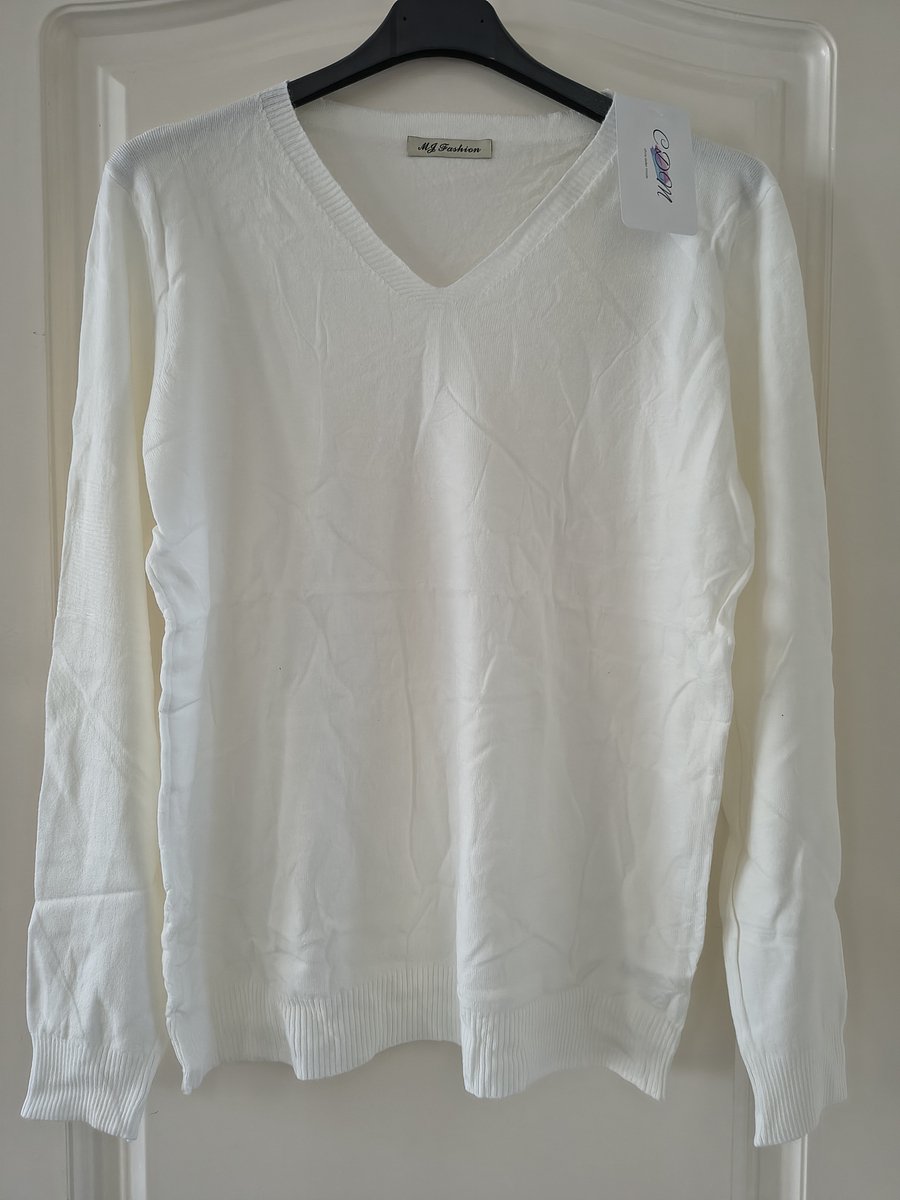 Dames warme trui Alida-V-hals-fijngebreid-effen wit-lange mouwen-maat M/L