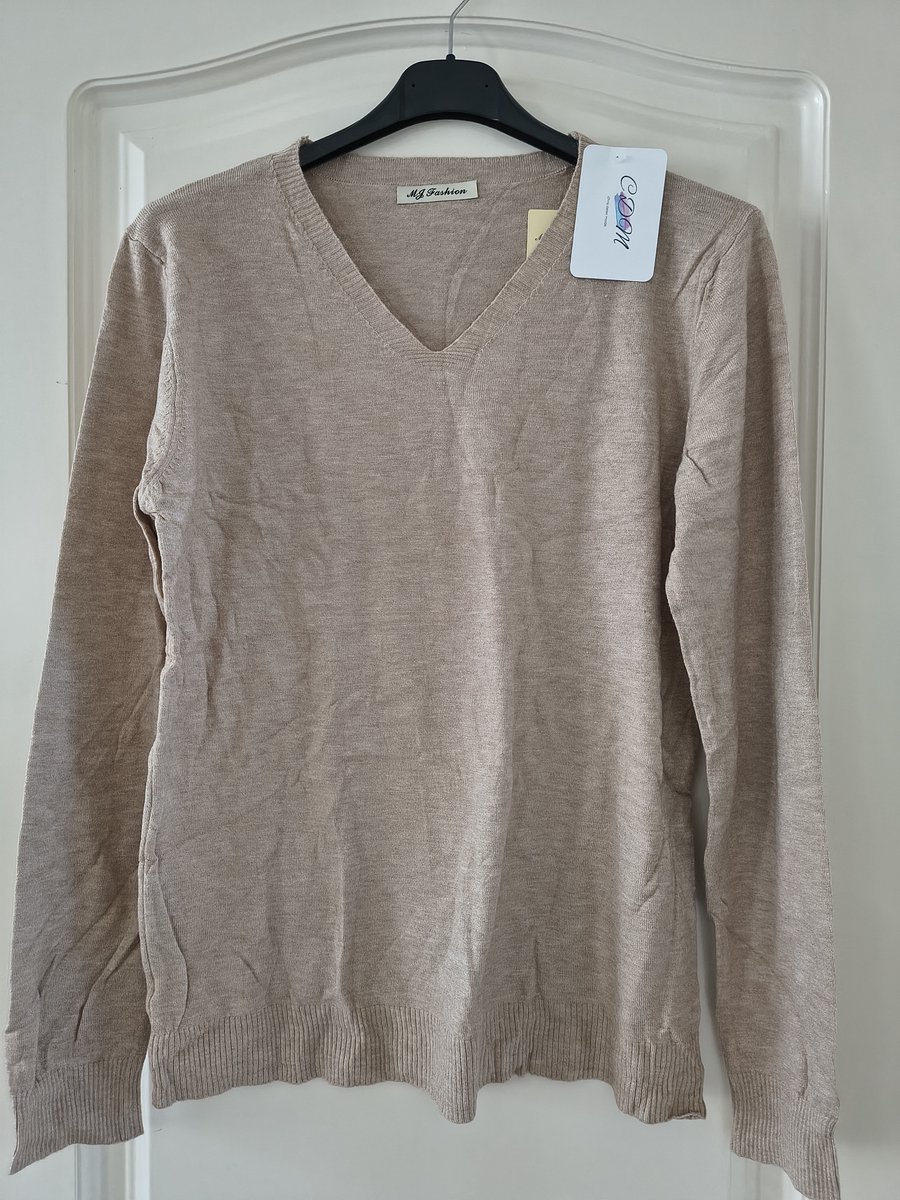 Dames warme trui Alida-V-hals-fijngebreid-effen taupe-lange mouwen-maat M/L