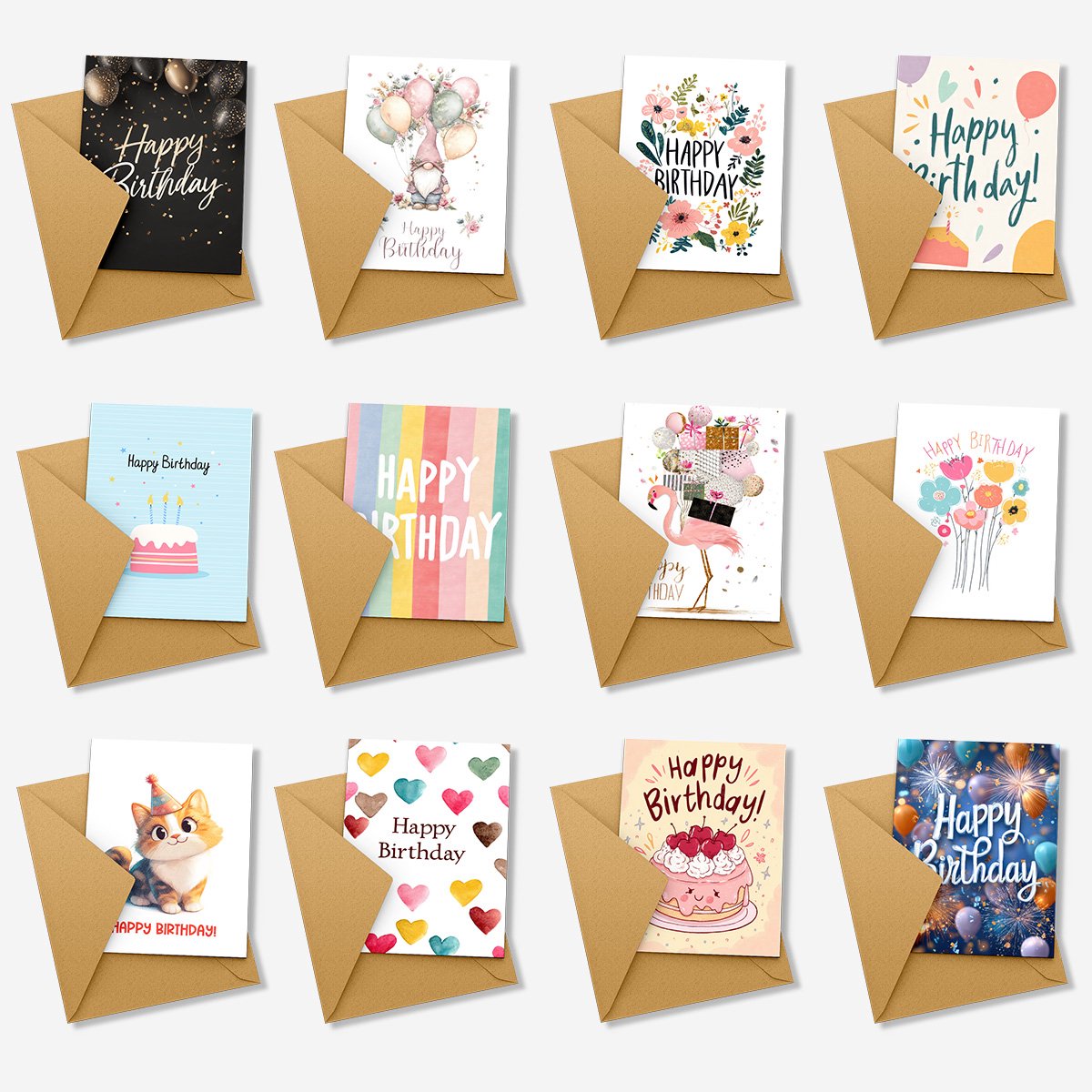 Wenskaarten 12 stuks + enveloppen - Blanco Binnenzijde & Stevig Papier – wenskaart - verjaardagskaart -verjaardagskaarten