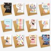 Wenskaarten 12 stuks + enveloppen - Blanco Binnenzijde & Stevig Papier – wenskaart - verjaardagskaart -verjaardagskaarten