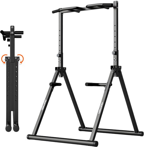 Zwarte opvouwbare pull-up station met twee steunen aan de zijkant, staand en opgevouwen met cirkelvormige pijlen.