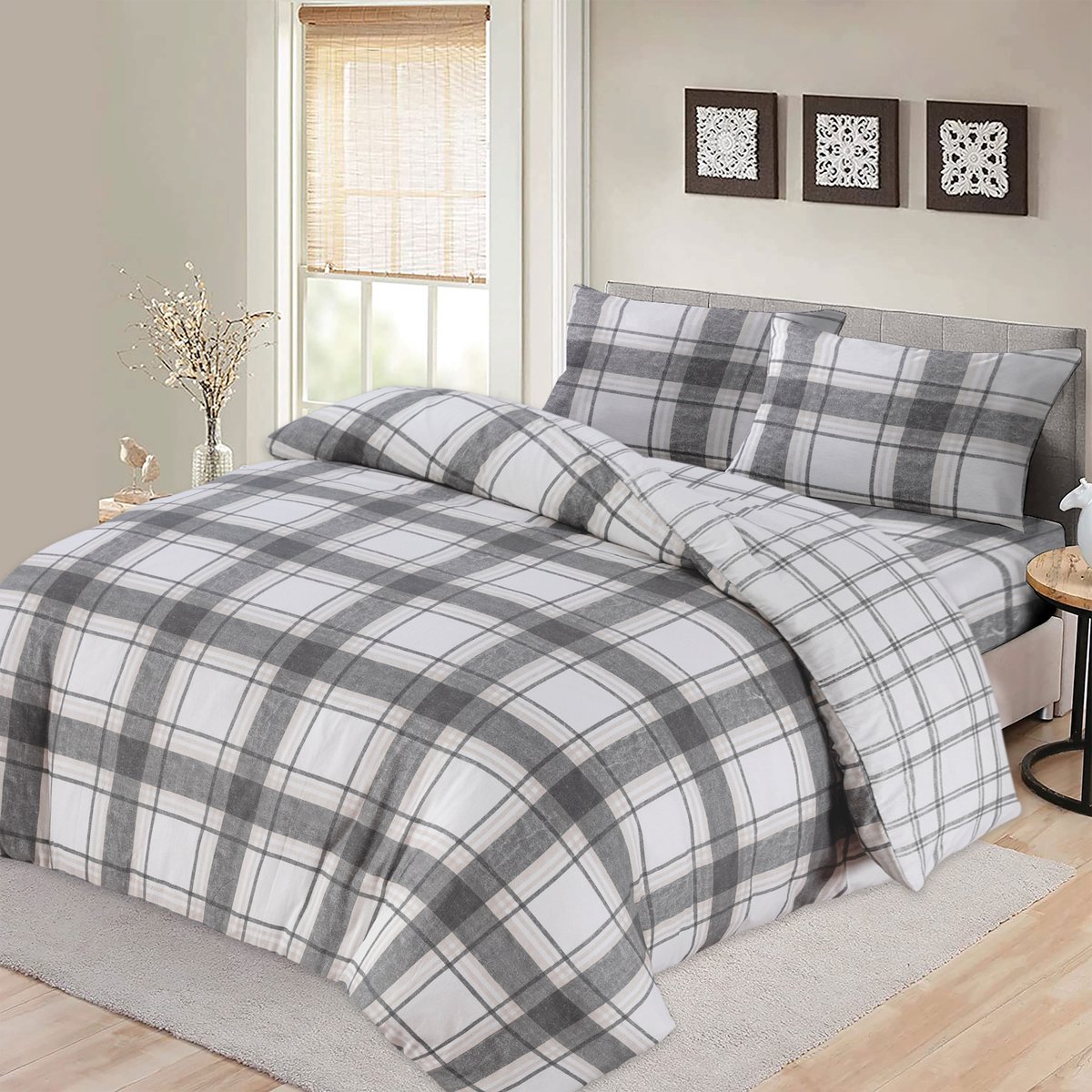 Bed Glow & Apparel – 2-Persoons Dekbedovertrekset 200x200 cm met 2 Kussenslopen 60x70 cm – 100% flannel– Vrierkanten grijs