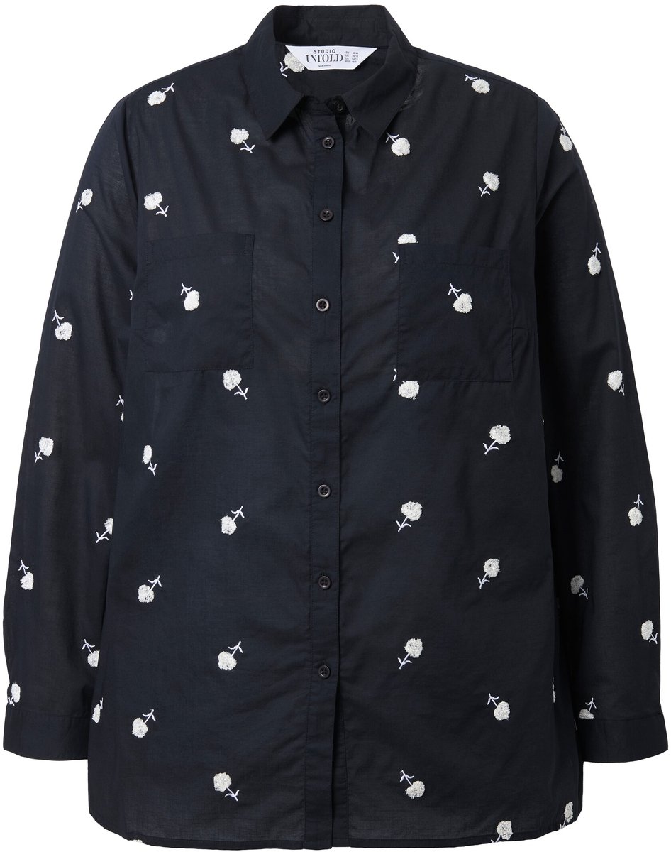Studio Untold - Dames - Overhemdblouse boxy shape borduursel met bloemen - Zwart - Maat 42+