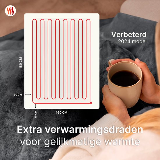 Grijze elektrische deken met extra verwarmingsdraden voor gelijkmatige warmte. 2024 model, 180x160 cm.