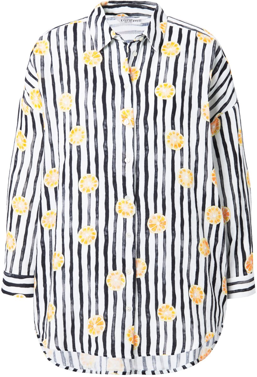 Studio Untold - Dames - Gestreepte blouse oversized fruitprint op strepen - Zwart - Maat 54+