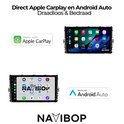 Autoradio Navibop avec "Apple CarPlay et Android Auto sans fil et filaire" et captures d'écran.