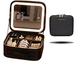 Make up tas met LED spiegel Dimbaar en 3 kleuren licht - Pu imitatieleder - Sophie Siero Beauty koffer met verstelbare vakken - Creative Small Zwart 26cm breed - Beauty Koffer met LED spiegel- Pu kunstlederen Cosmetica Koffer