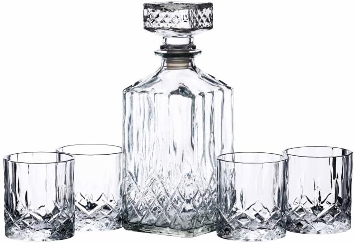 Whiskykaraf en glazen geschenkset, 5-delige set van geslepen glas, karaf van 900 ml met siliconen afdichtingsstop en 4x bekers, 26 x 10 x 24 cm, Kristall
