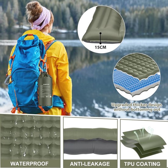 Zelfopblazende Slaapmat 12 cm - Compact en Waterdicht Luchtbed met Ingebouwde Voetpomp en Kussen voor Kamperen, Wandelen en Trekking — afbeelding 3