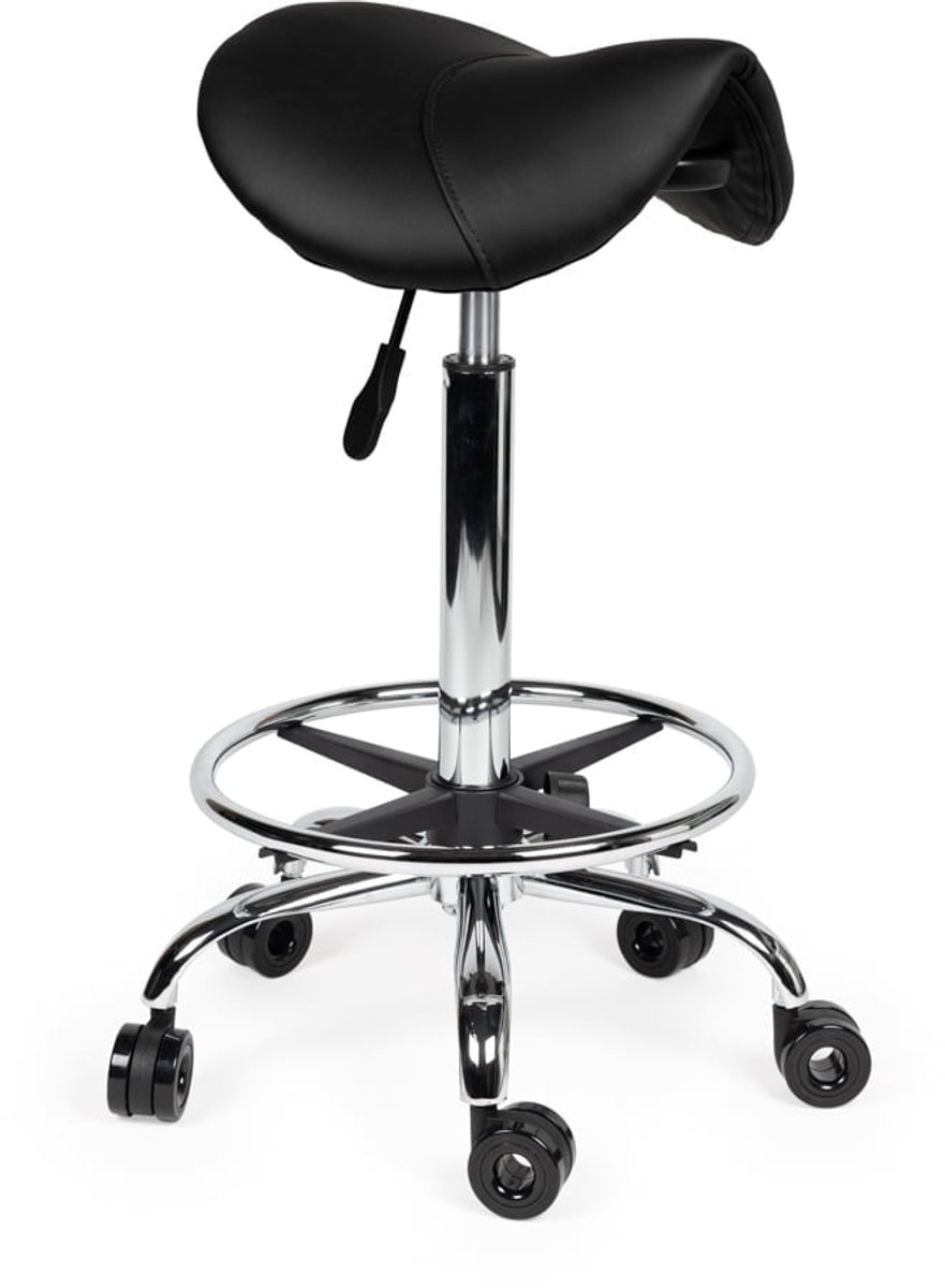 Ergonomische Kapperskruk Zwart op Wielen Standaard (50-68cm) / met Voetsteun
