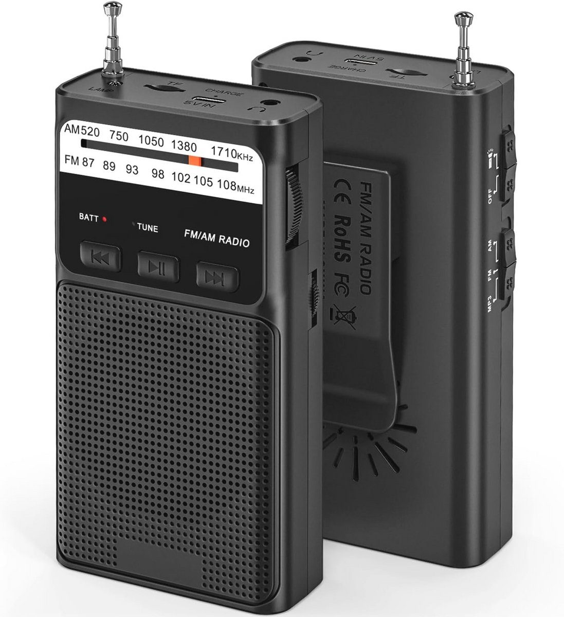 Draagbare AM FM Radio met 1200mAh Oplaadbare Batterij, Rugklem en Flitslicht