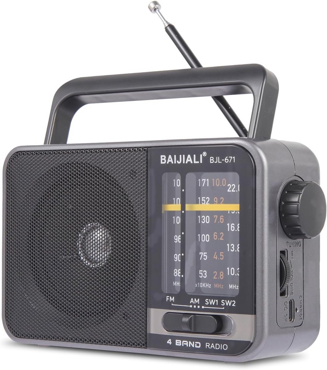 Draagbare AM/FM-transistor radio met sterke luidspreker en USB-batterijvoeding voor noodsituaties