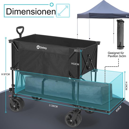 Opvouwbare Bolderkar 350L met Extra Brede Banden - 150KG Capaciteit - Strandkar & Transportkar - Zwart van Merkloos — afbeelding 2
