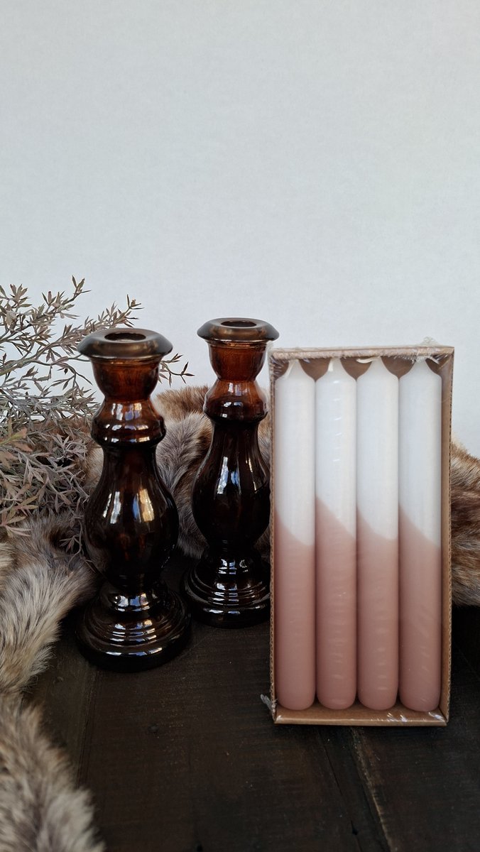 Mix en Match - Kandelaar - Bruin - Glas - Set 2 stuks - incl. bijpassende dinerkaarsen - 20x5 cm